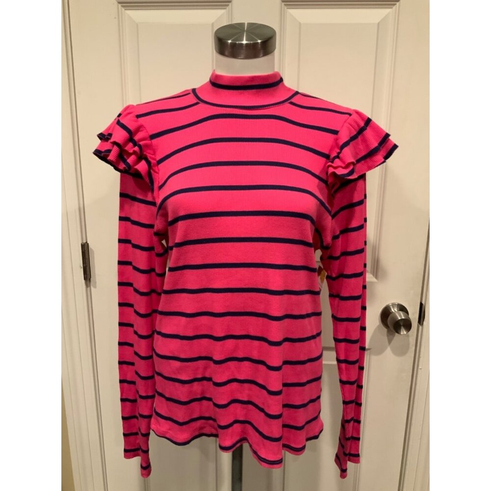 t.la Pink & Blue Striped Thin Rib Knit Ruffle Sweater, Size XL